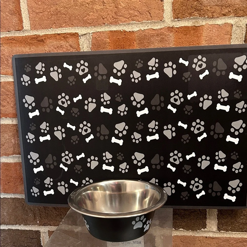 Black and Silver Dog stainless steel dog Bowl with Paw Print waterproof Mat